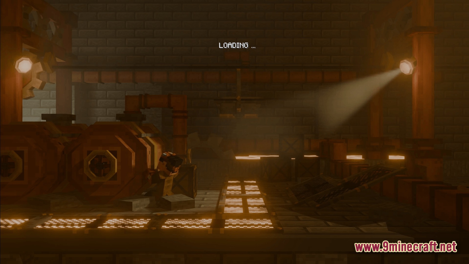 Arcadia Echoes Of Power Modpack Screenshot 9 A dimly lit industrial factory interior featuring copper machinery, pipes, and spotlights in a stone room