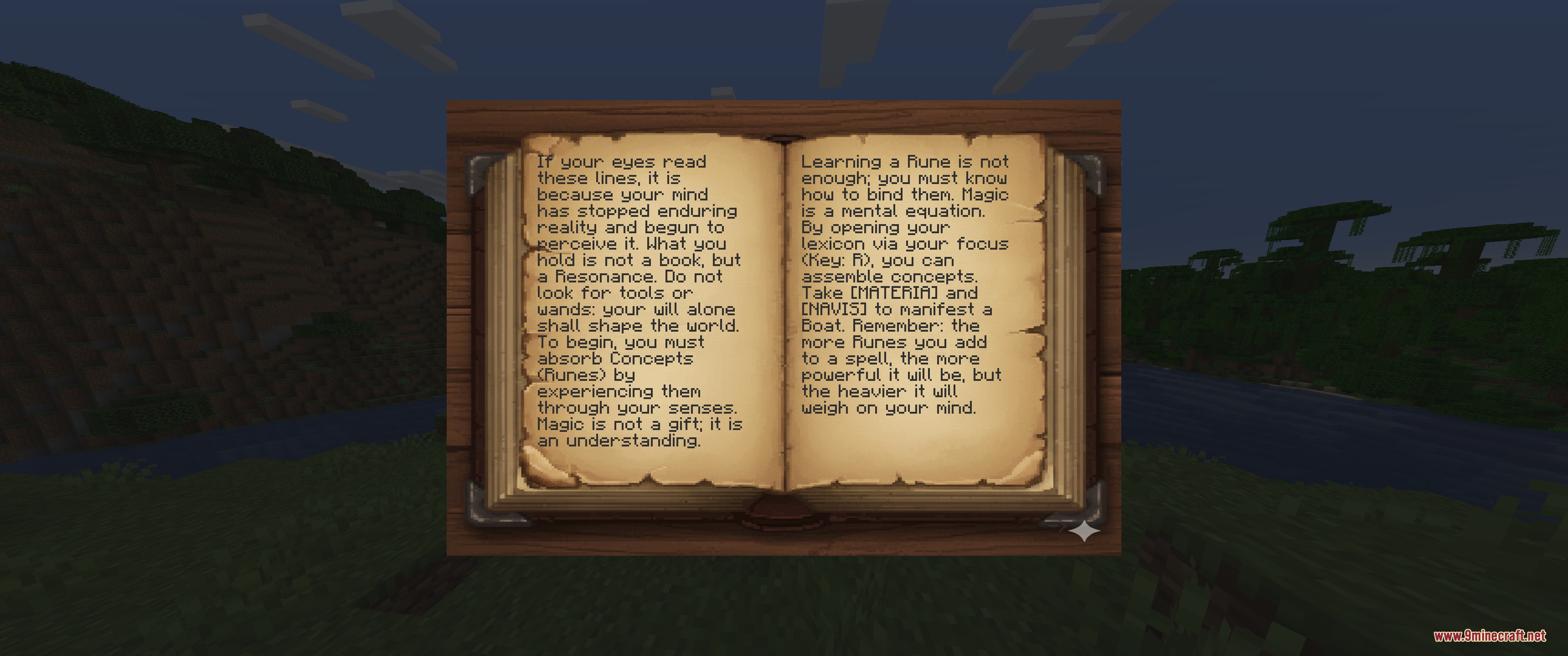 Arcana Concept Mod Screenshot 1 Open book explaining mental spellcasting and rune binding mechanics