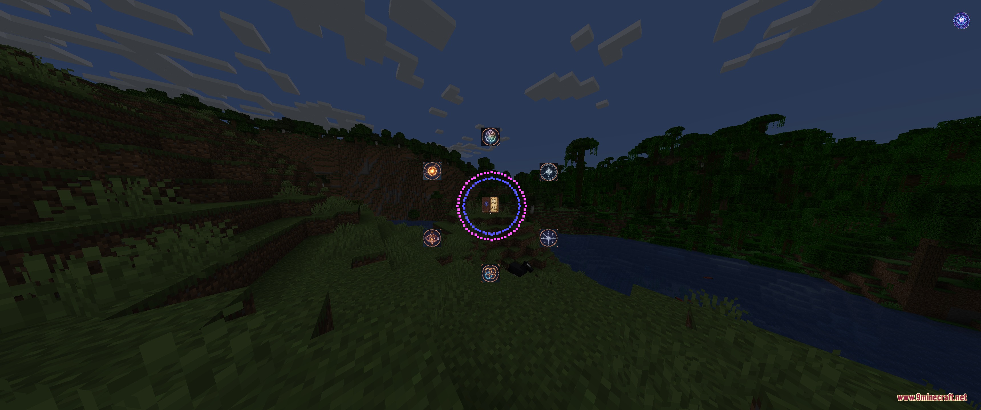 Arcana Concept Mod Screenshot 2 Circular rune wheel for assembling spells over a forest landscape