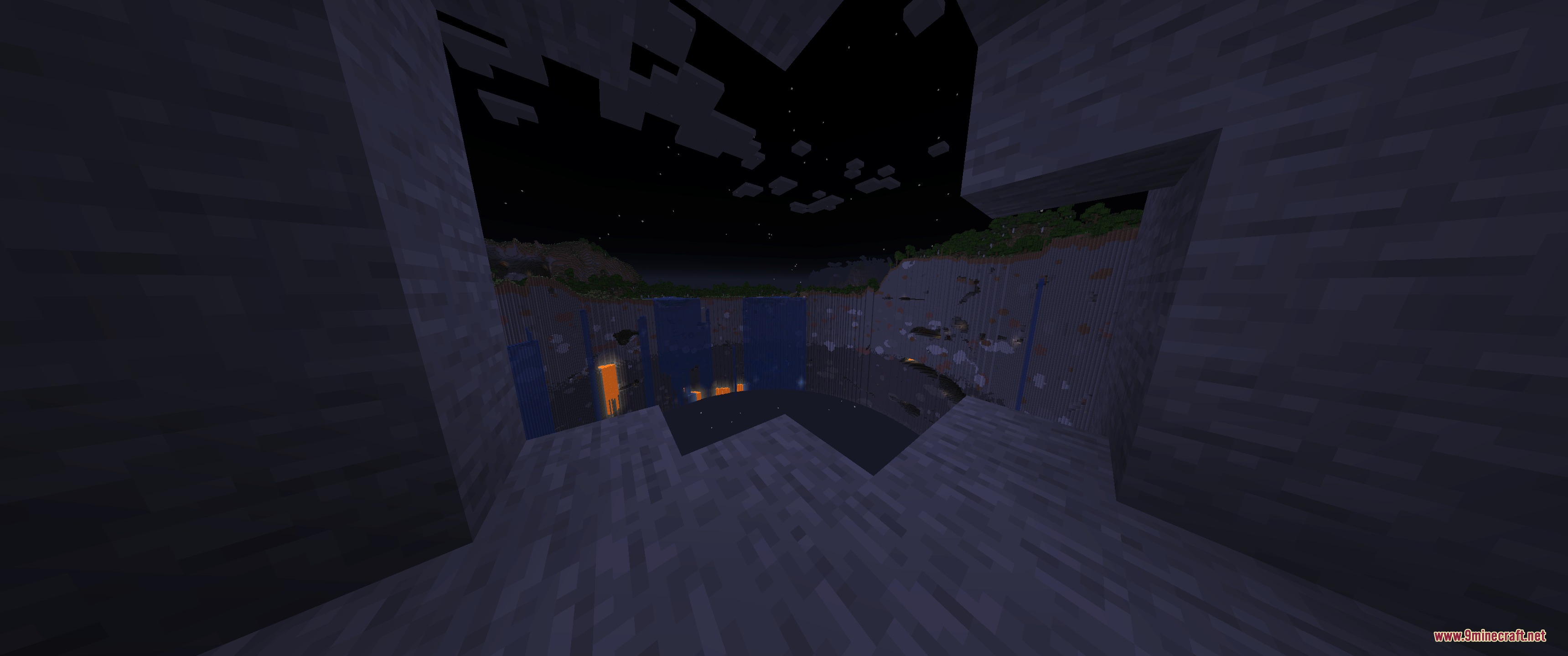 Arcana Concept Mod Screenshot 3 View from a dark cave looking at waterfalls and lava at night