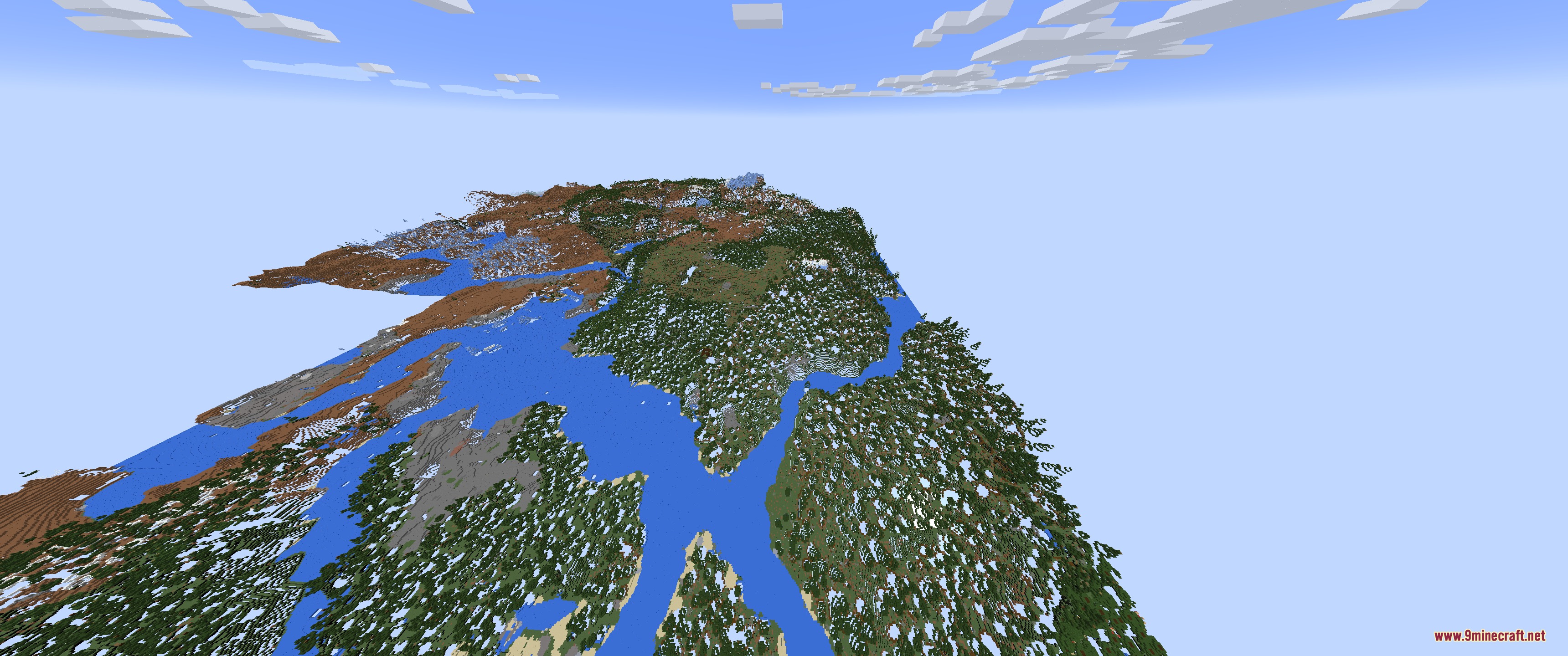 Arcana Concept Mod Screenshot 4 Aerial view of a snowy forest biome with rivers and mountains