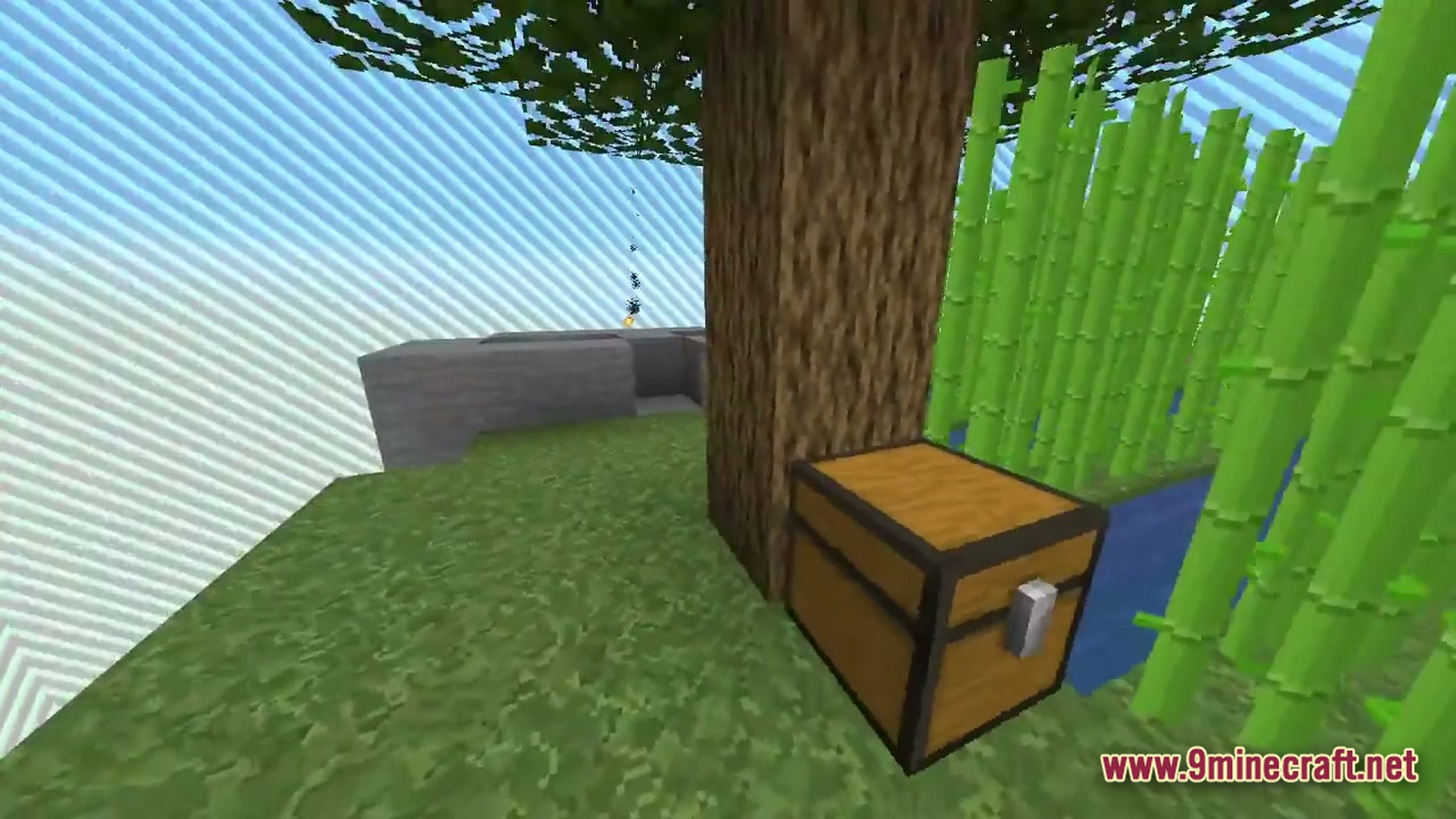 Arcane Industrial Synthesis Modpack Screenshot 1 A wooden chest sits beside a tree and sugar cane within a small world border
