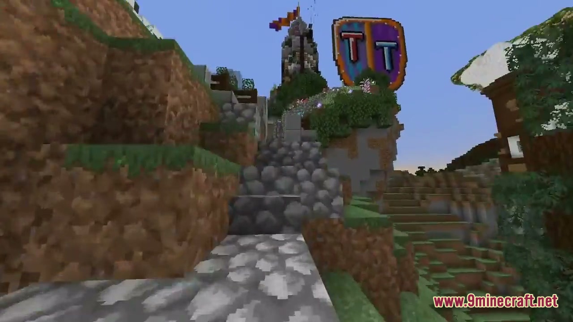 Arcane Industrial Synthesis Modpack Screenshot 3 A cobblestone path leads toward a hill featuring a tower and a large purple shield logo