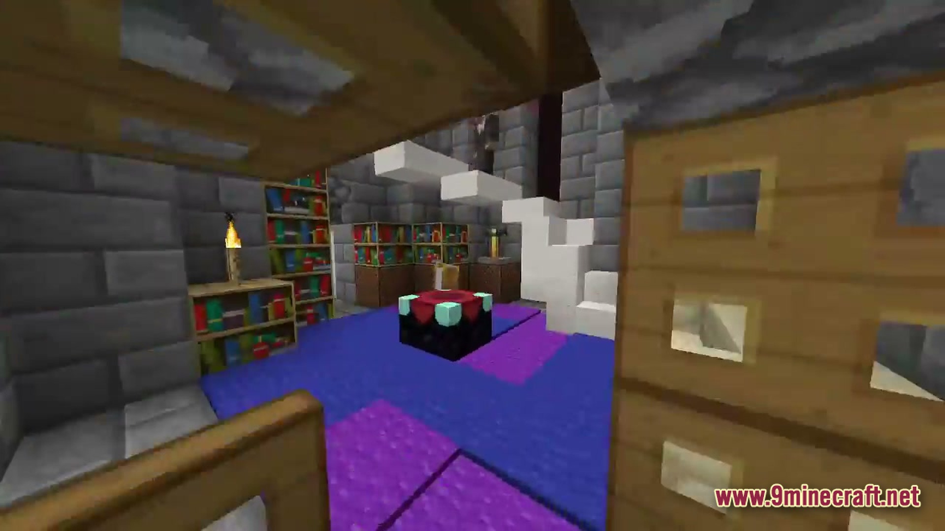 Arcane Industrial Synthesis Modpack Screenshot 5 An enchanting table sits in a stone brick room with bookshelves and white quartz stairs