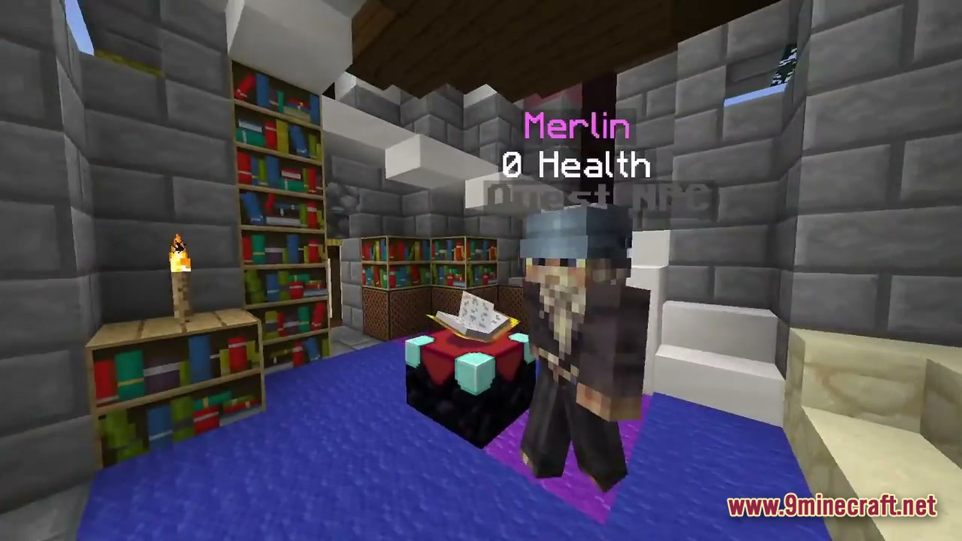 Arcane Industrial Synthesis Modpack Screenshot 6 A wizard NPC named Merlin stands near an enchantment table inside a stone brick tower room