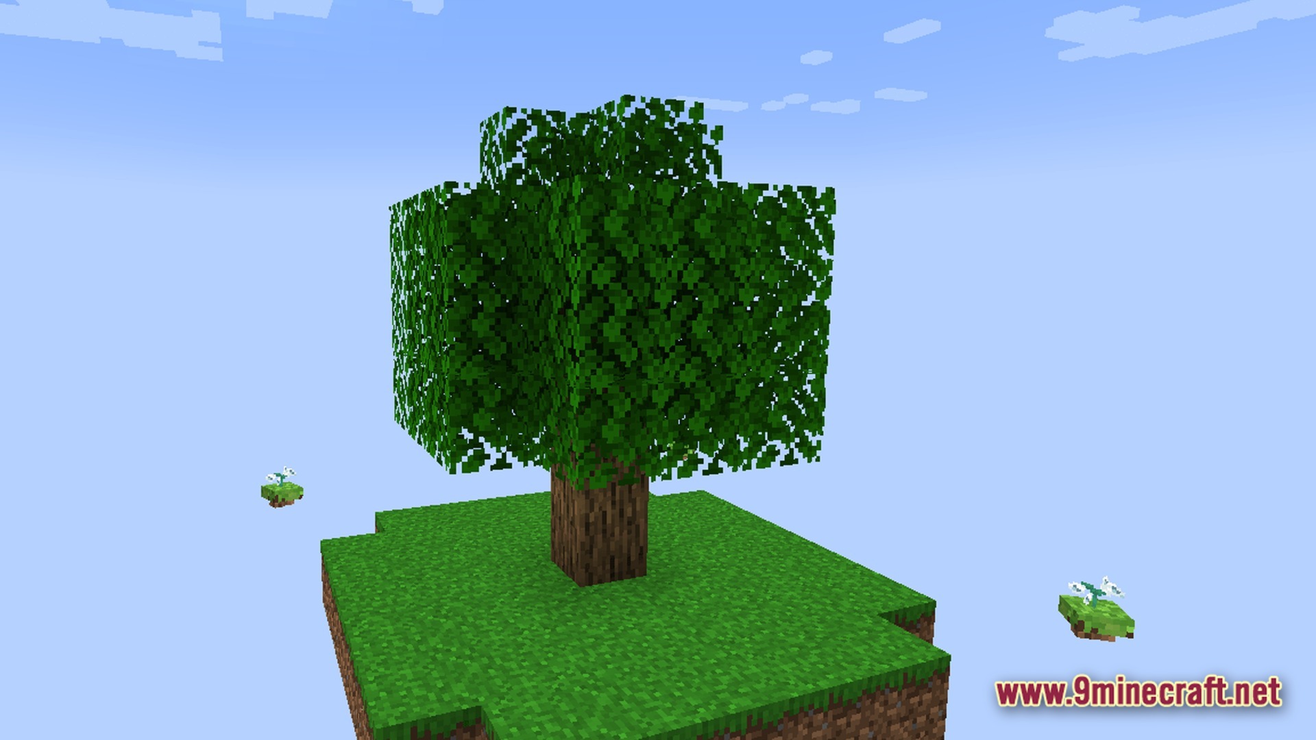 Arcane Industrial Synthesis Modpack Screenshot 7 A lone oak tree stands on a small grass island floating in a skyblock world