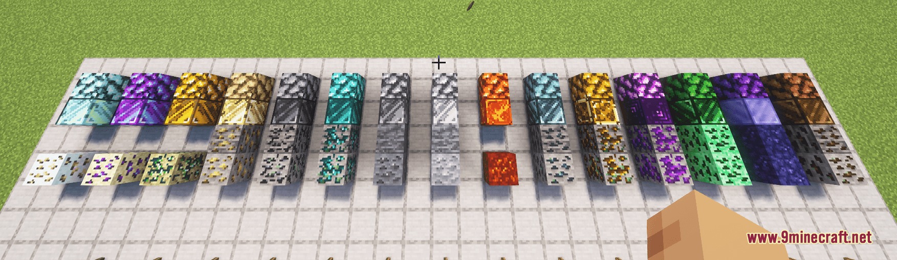 Arcane Logic Circuits Mod Screenshot 2 A collection of colorful new ores and mineral blocks arranged on a platform