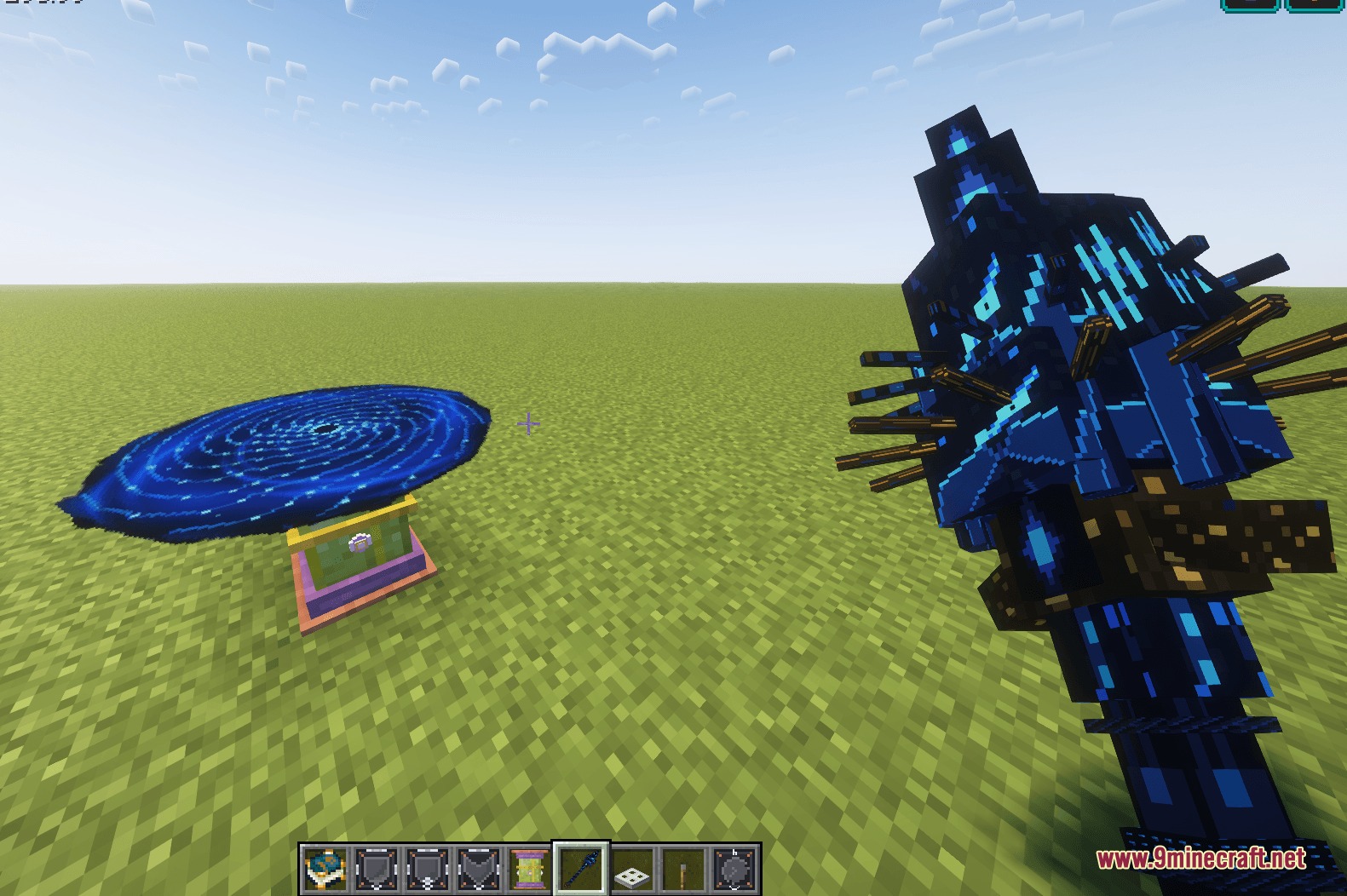Arcane Logic Circuits Mod Screenshot 3 Player holding a Nyxiumnite staff near a blue wormhole on a pedestal