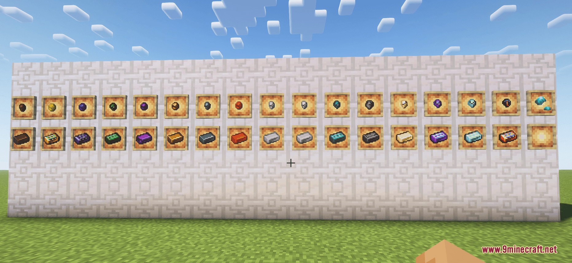 Arcane Logic Circuits Mod Screenshot 5 A wall of item frames showcasing various custom ores and ingots in Minecraft