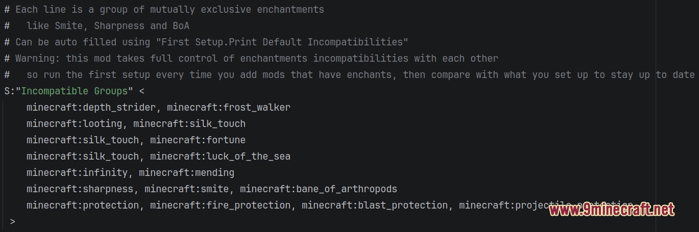 Arcane Order Sovereignty Mod Screenshot 1 Code interface displaying a list of incompatible enchantment groups for Minecraft