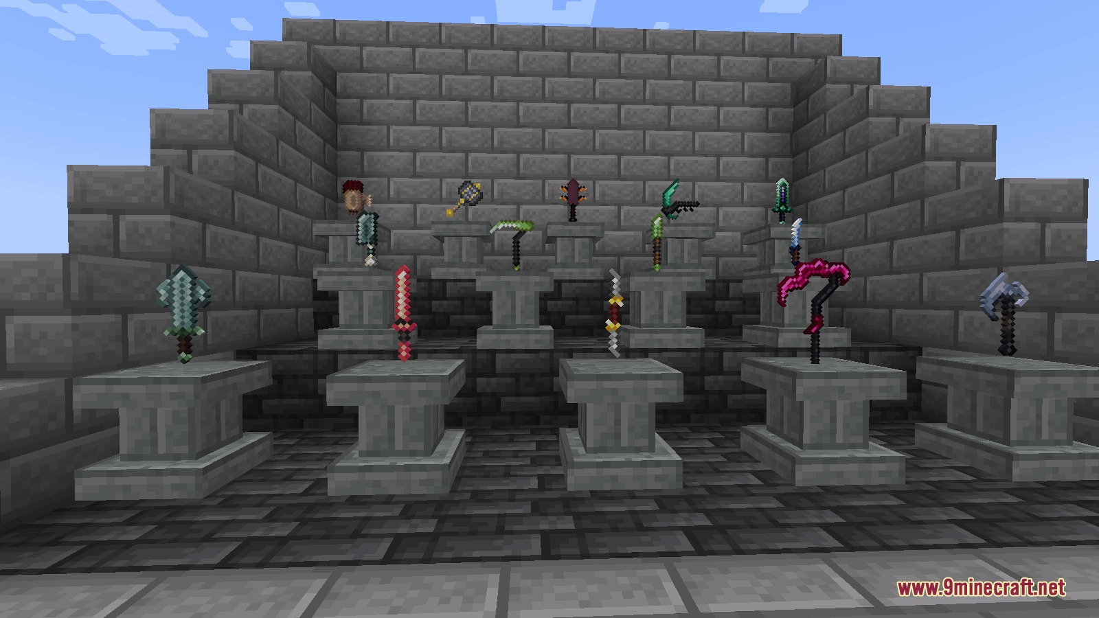 Arcane Overgrowth Mod Screenshot 2 Custom magical weapons and scythes displayed on pedestals in a stone room