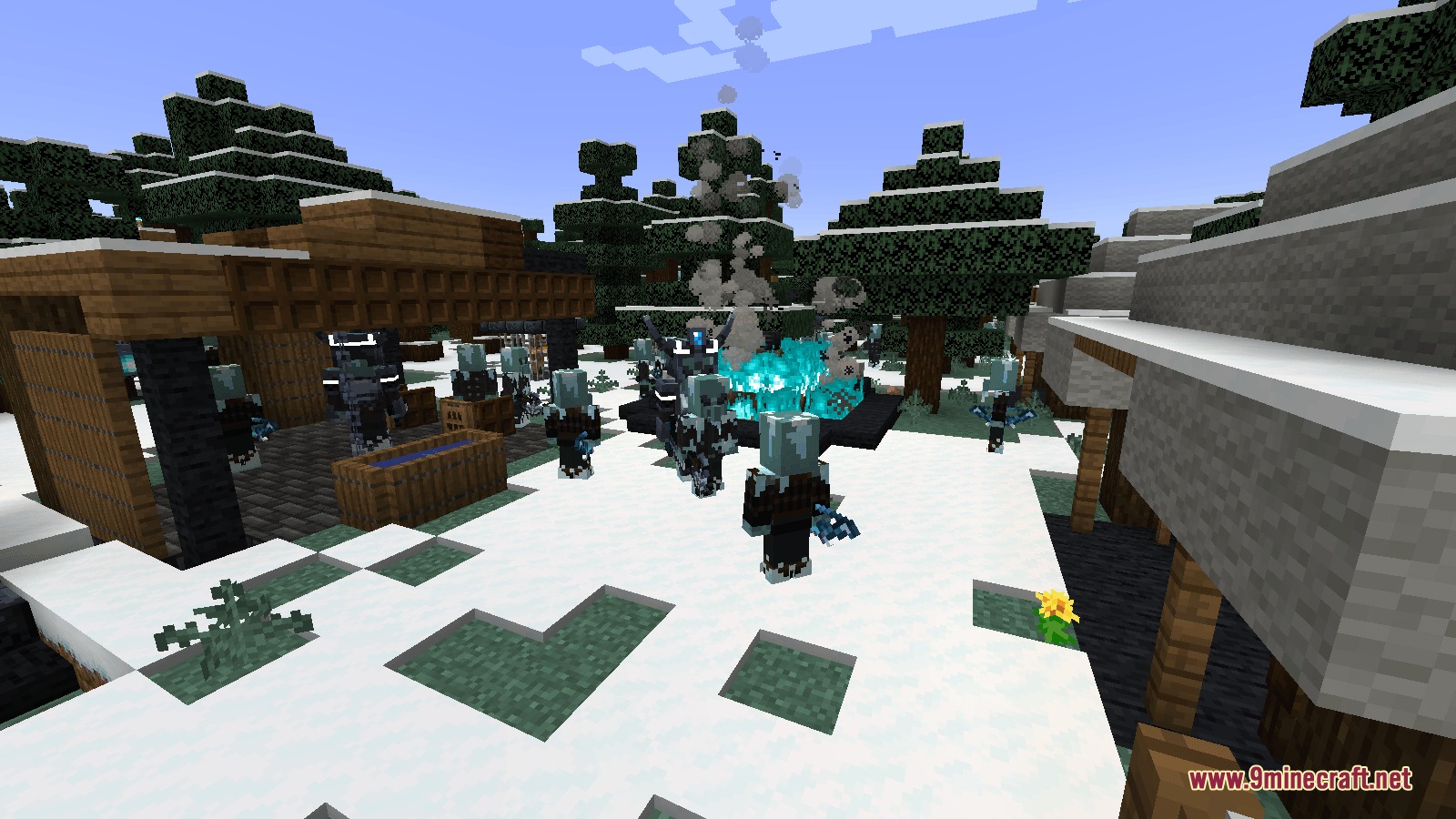 Arcane Overgrowth Mod Screenshot 3 Blue ice mobs gather around a soul campfire in a snowy village