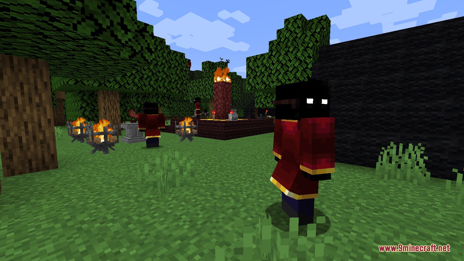 Arcane Overgrowth Mod Screenshot 4 Hostile spellcasting mobs in red robes standing in a forest clearing
