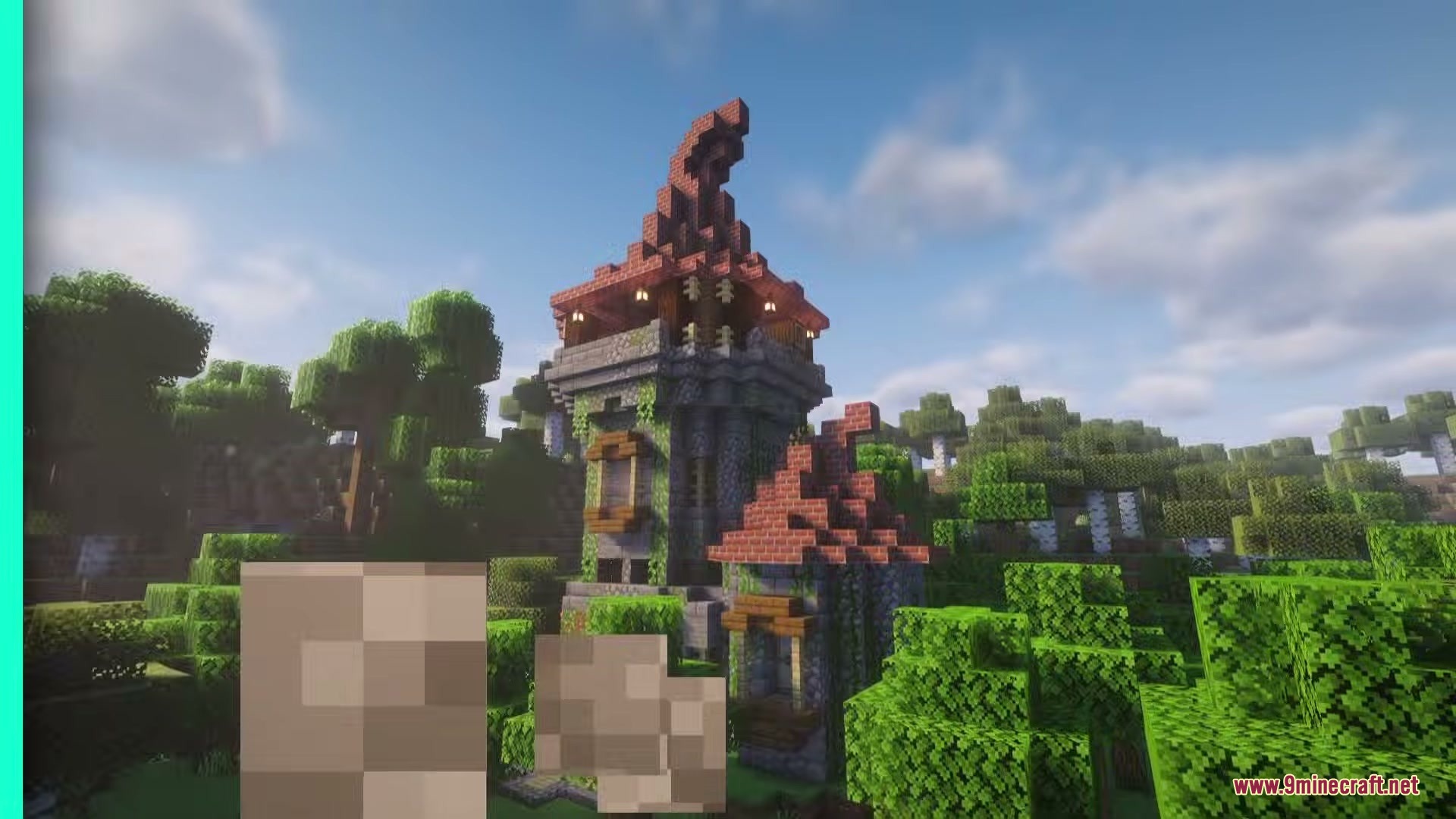 Arcane Path Divergence Mod Screenshot 1 A tall stone wizard tower with a red roof stands in a forest