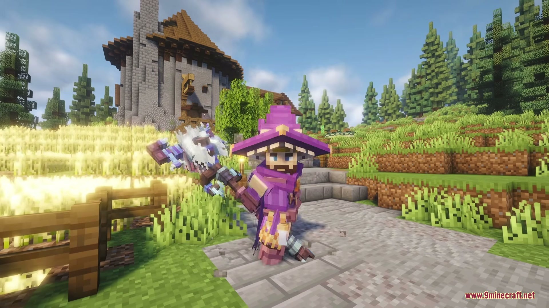 Arcane Path Divergence Mod Screenshot 2 A player wearing purple wizard robes holds a powerful magic staff outside