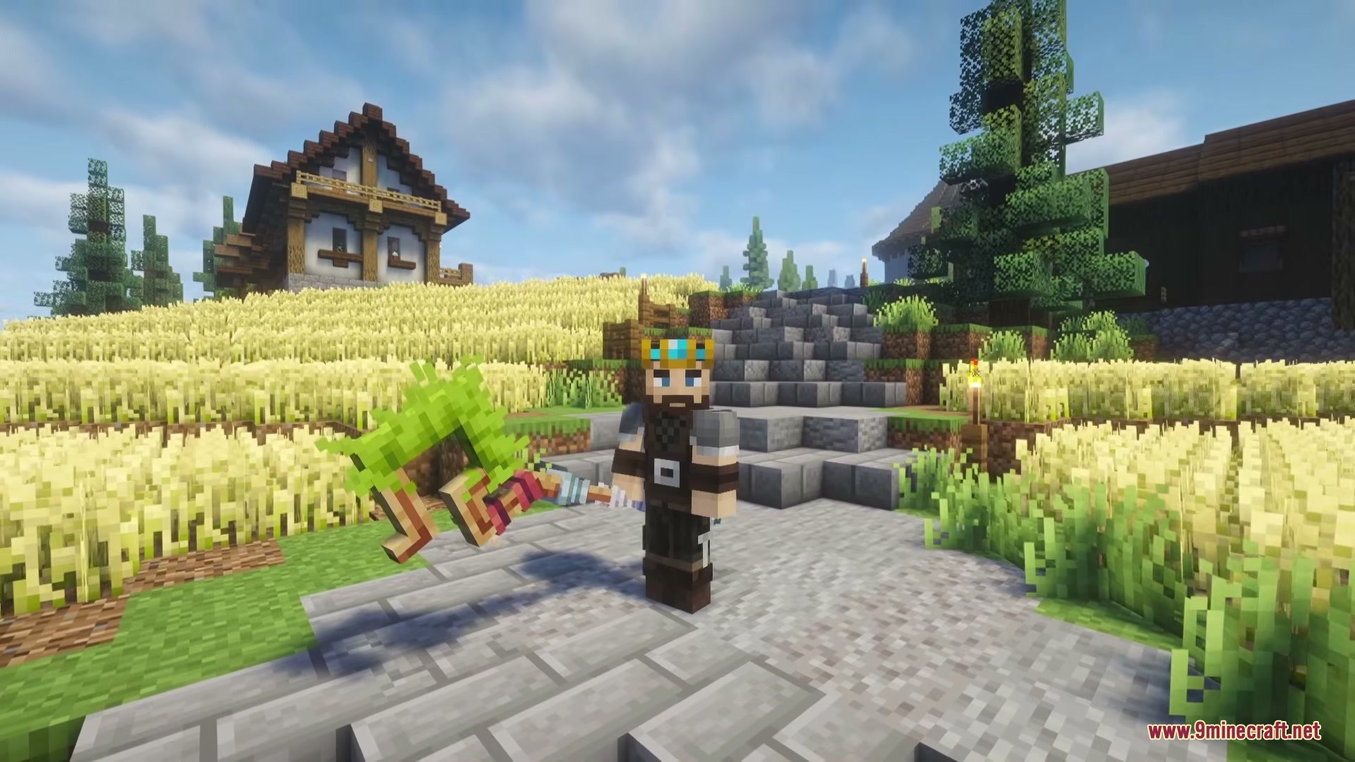 Arcane Path Divergence Mod Screenshot 3 A Minecraft player wearing a crown holds a green staff near wheat fields