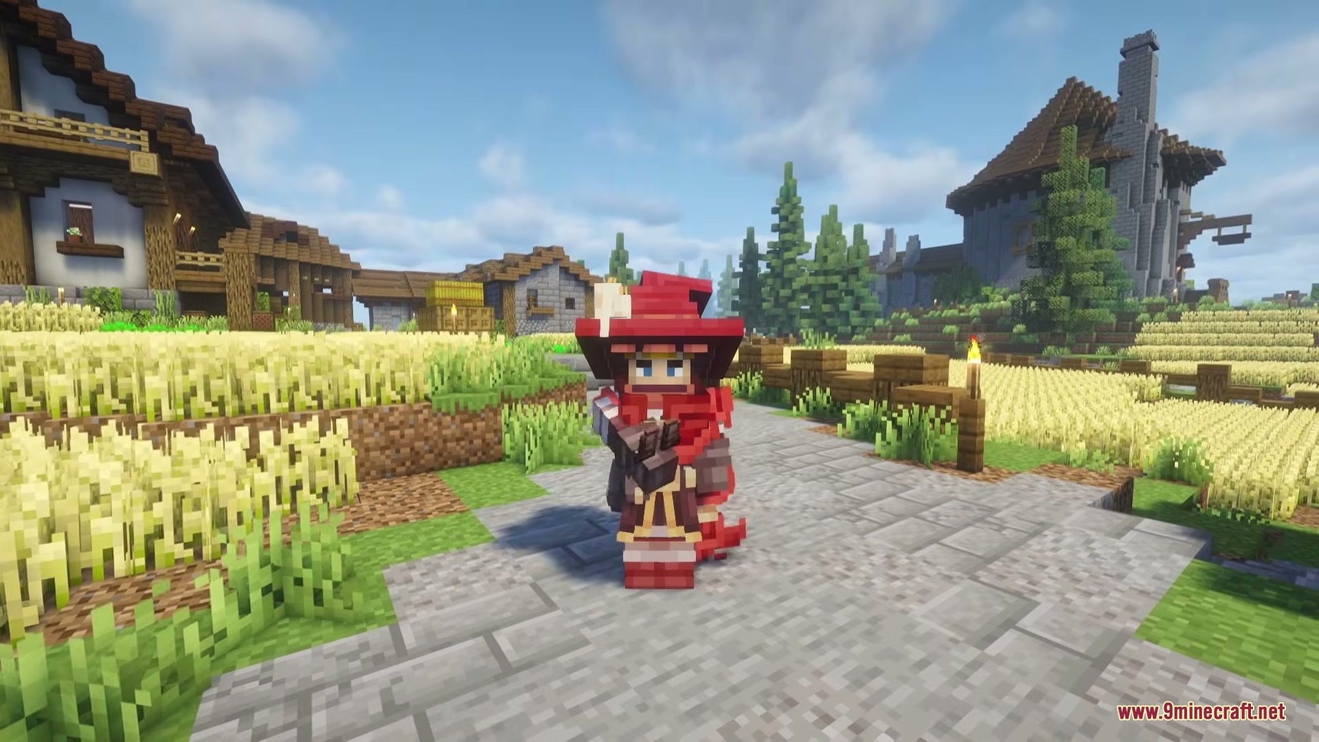 Arcane Path Divergence Mod Screenshot 4 A character in red wizard robes stands in a scenic Minecraft village