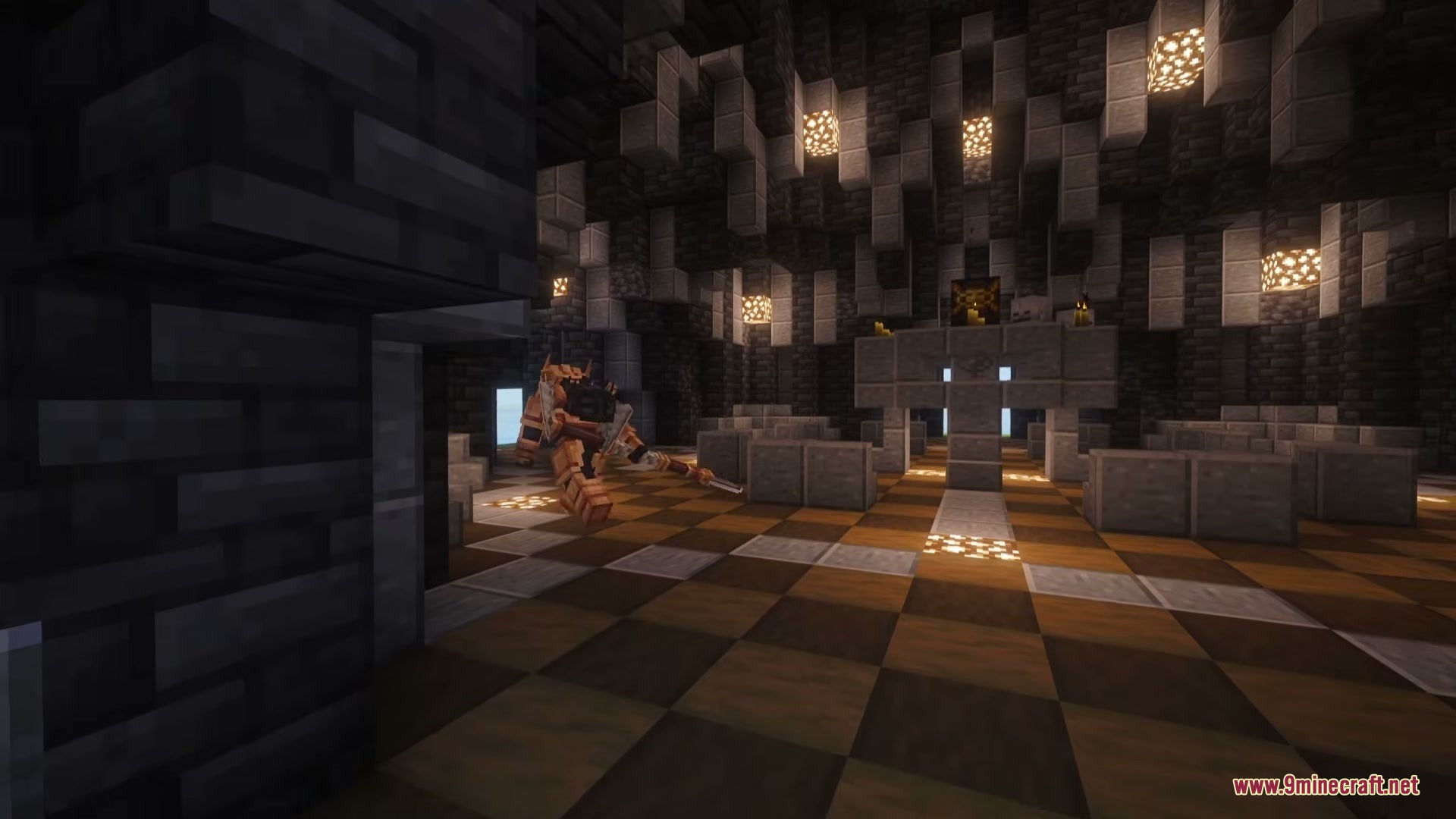 Arcane Path Divergence Mod Screenshot 6 A mob stands inside a stone temple with checkered floors and glowing lights