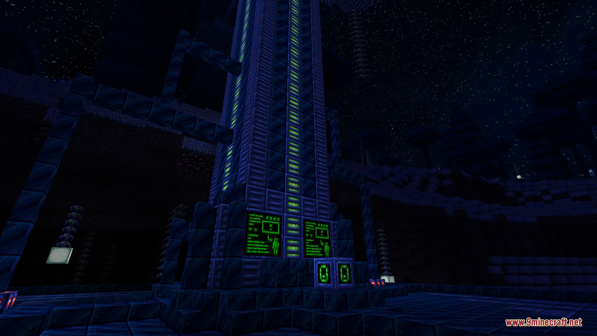 Arcane Quintet Chronicles Mod Screenshot 2 A massive futuristic tower with glowing green screens under a starry night sky