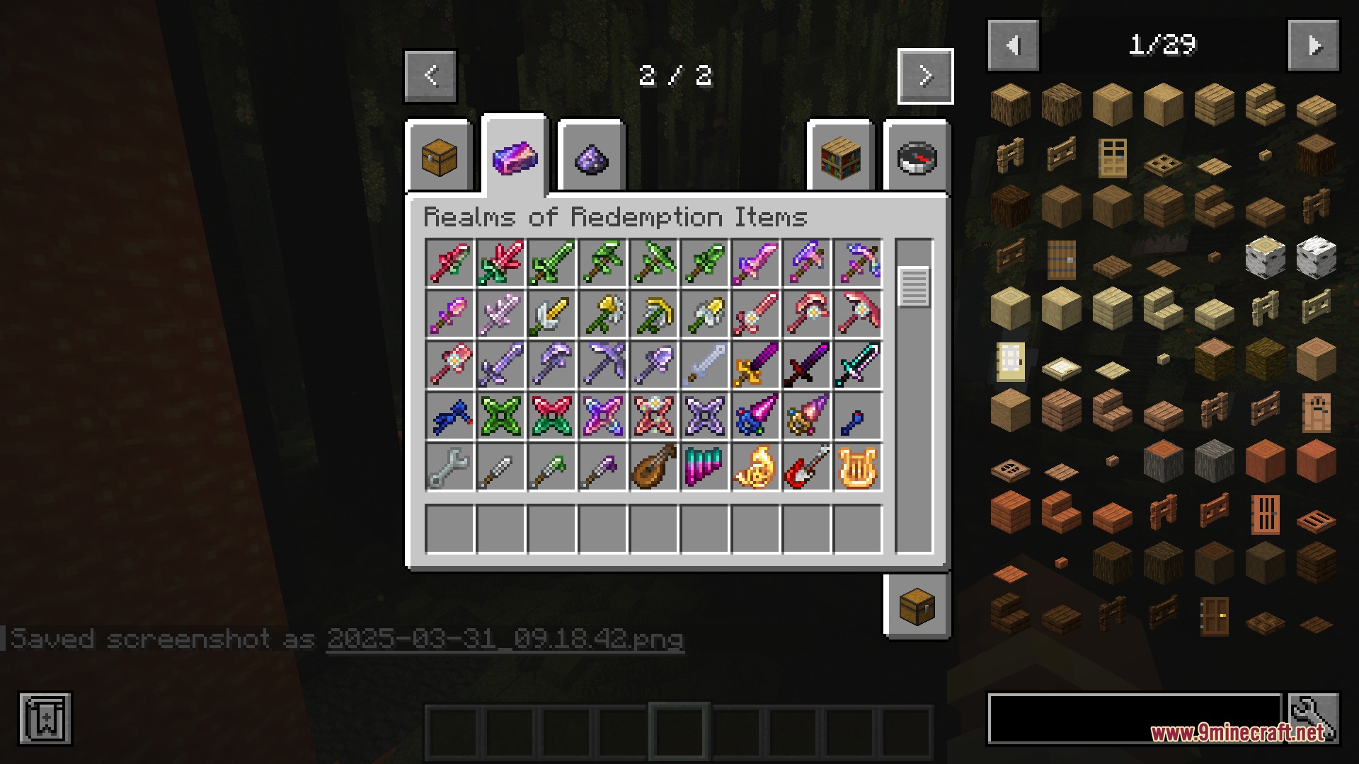 Arcane Quintet Chronicles Mod Screenshot 3 Minecraft inventory screen showing various magical weapons and musical instruments