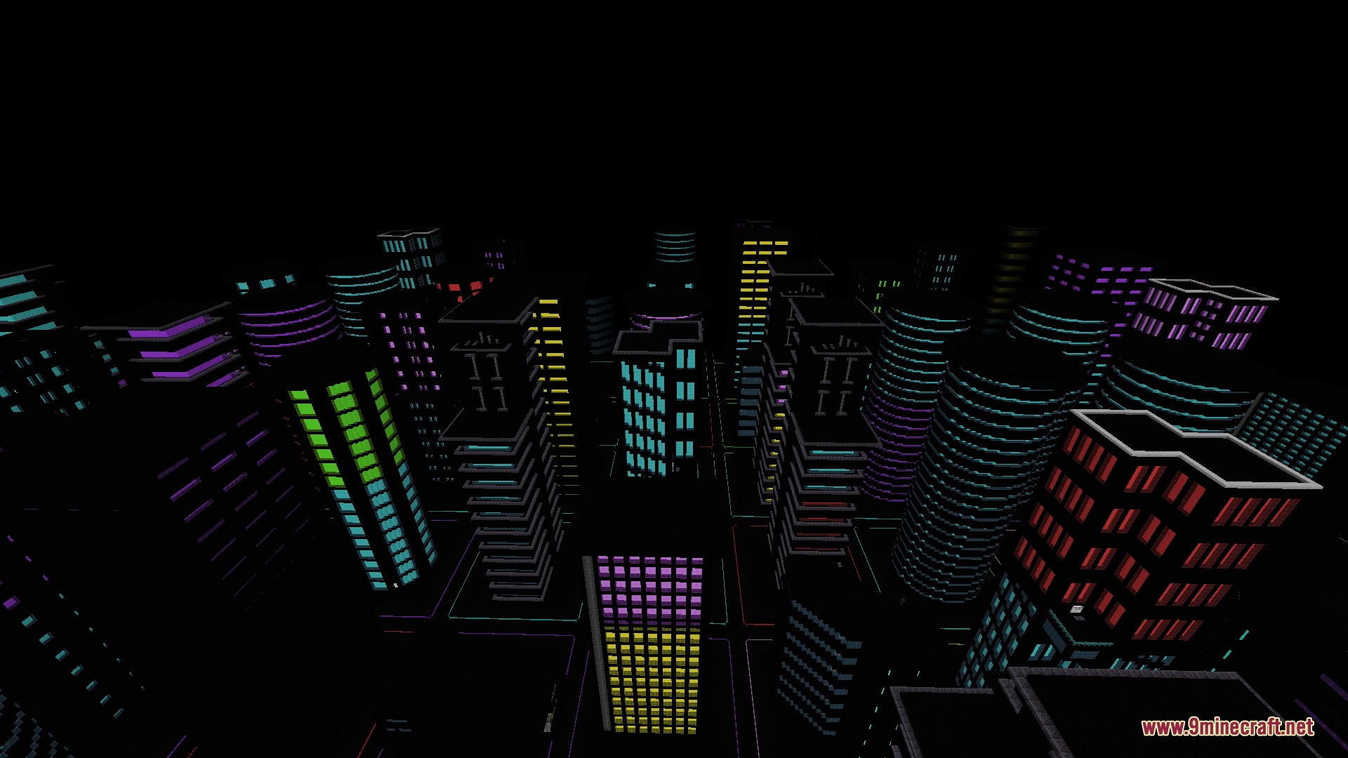 Arcane Quintet Chronicles Mod Screenshot 5 A dark Minecraft city filled with colorful glowing neon skyscrapers and structures