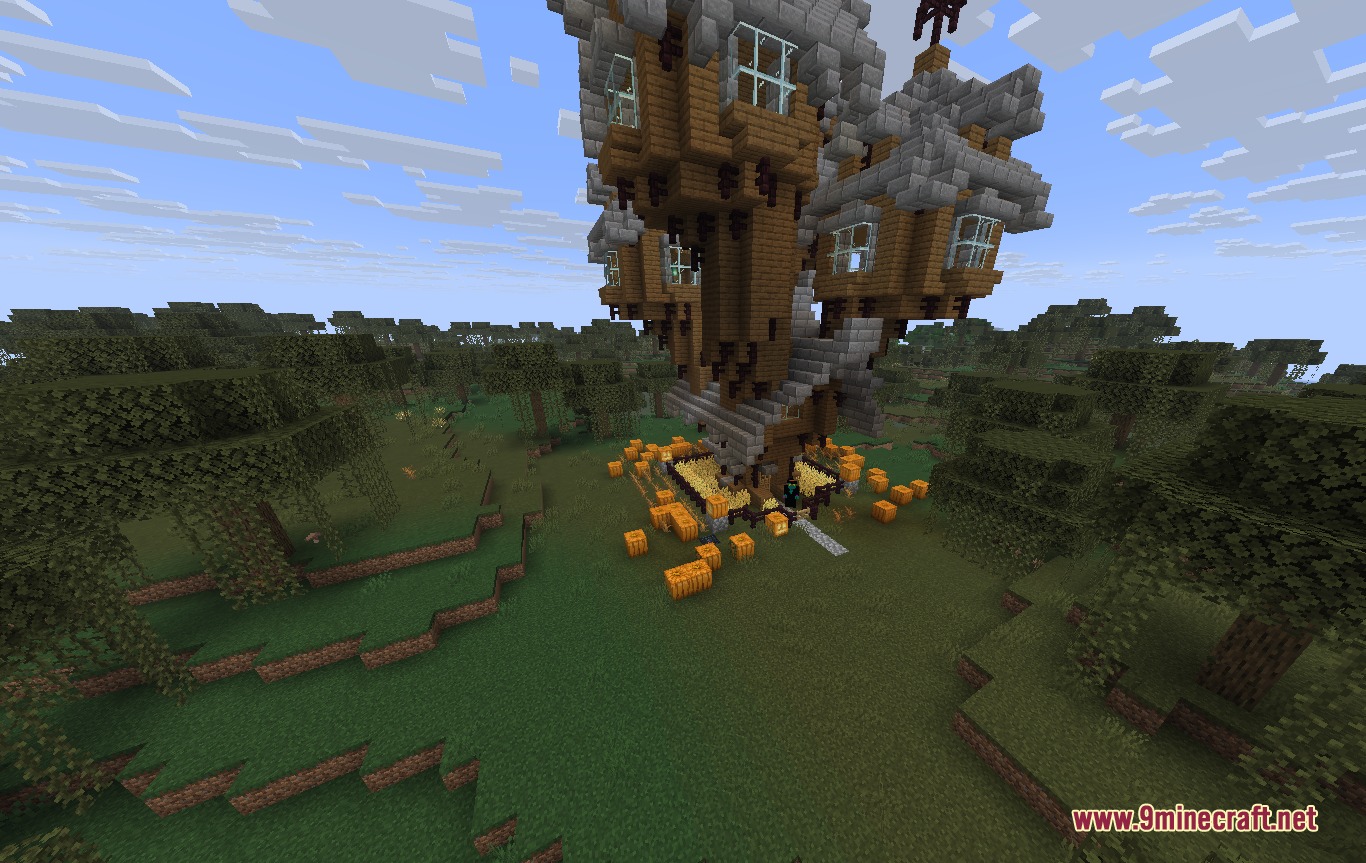 A large medieval tower rises above a forest with pumpkins on the ground