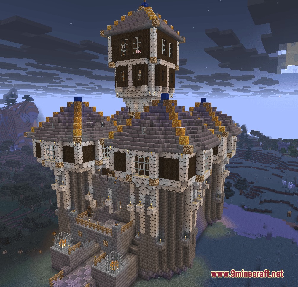 A massive medieval castle with many towers stands in a dark landscape
