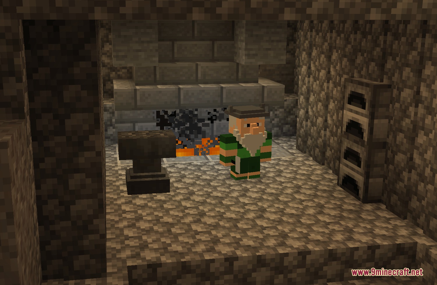 A dwarf character stands in a stone room with an anvil and fireplace