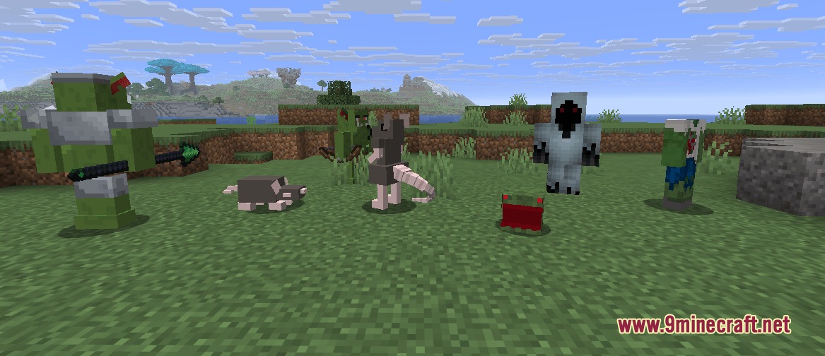 Various fantasy creatures like orcs and ghosts stand on a grassy field