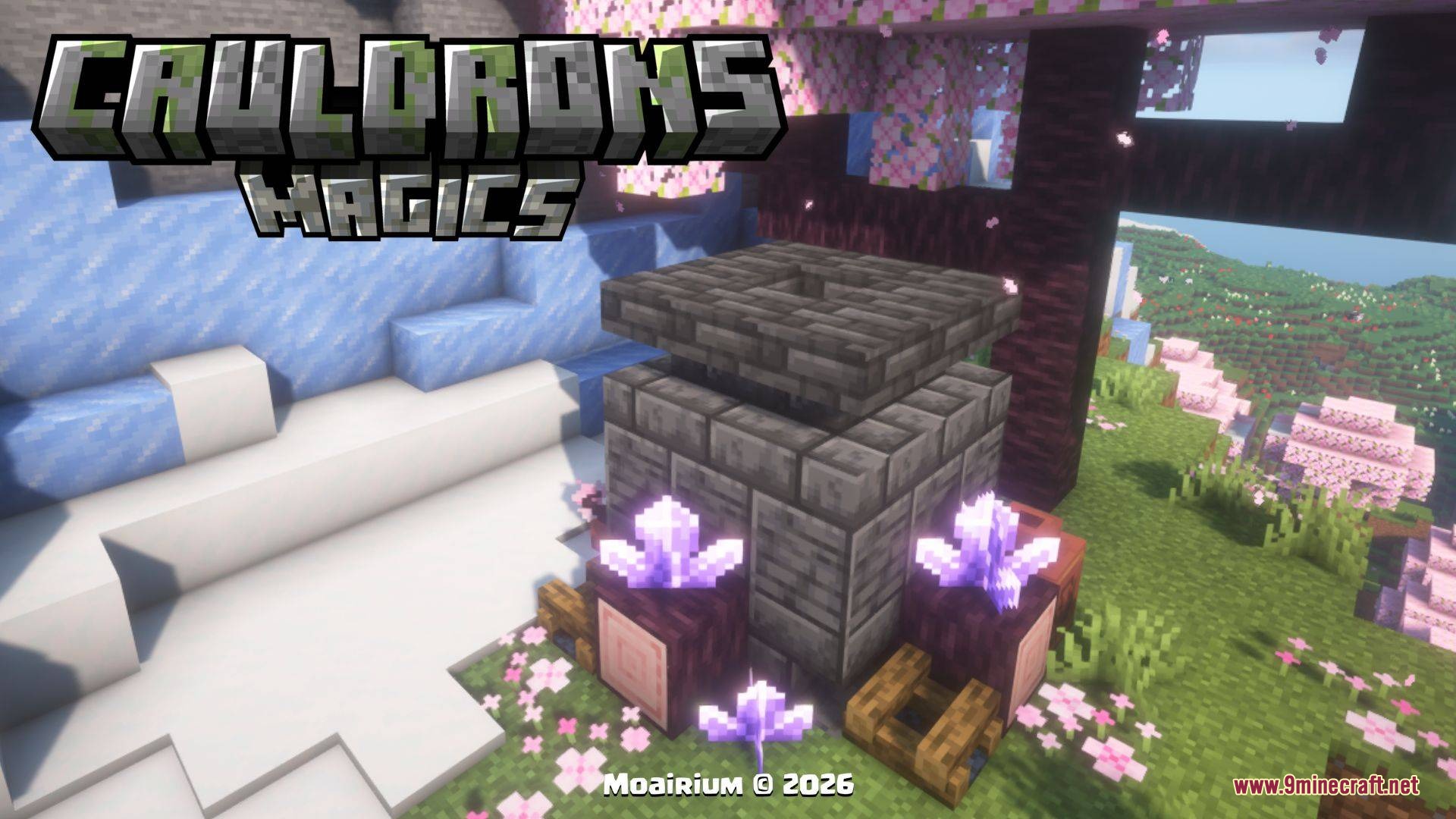 Arcane Vessel Monoliths Mod Screenshot 1 Ancient stone cauldron monument standing among pink cherry blossoms and amethyst crystals