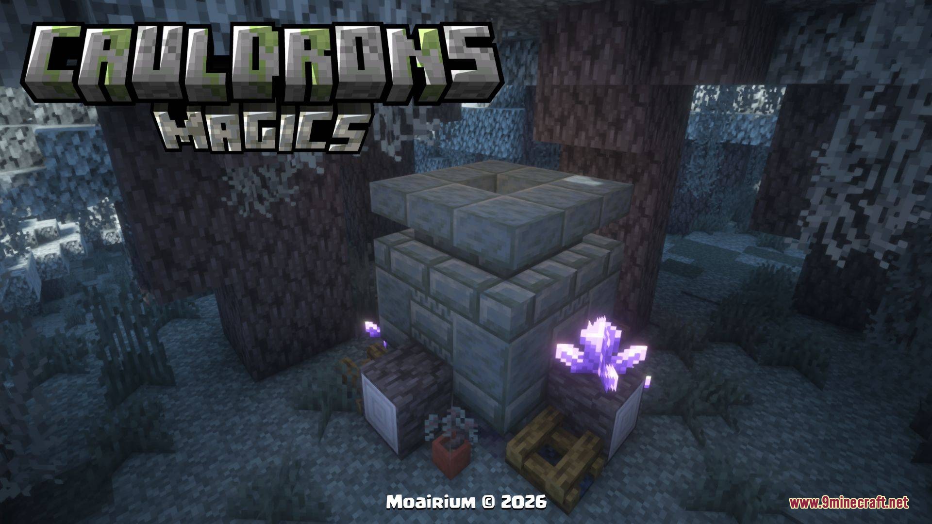 Arcane Vessel Monoliths Mod Screenshot 2 Stone cauldron structure with amethyst crystals located in a pale garden biome