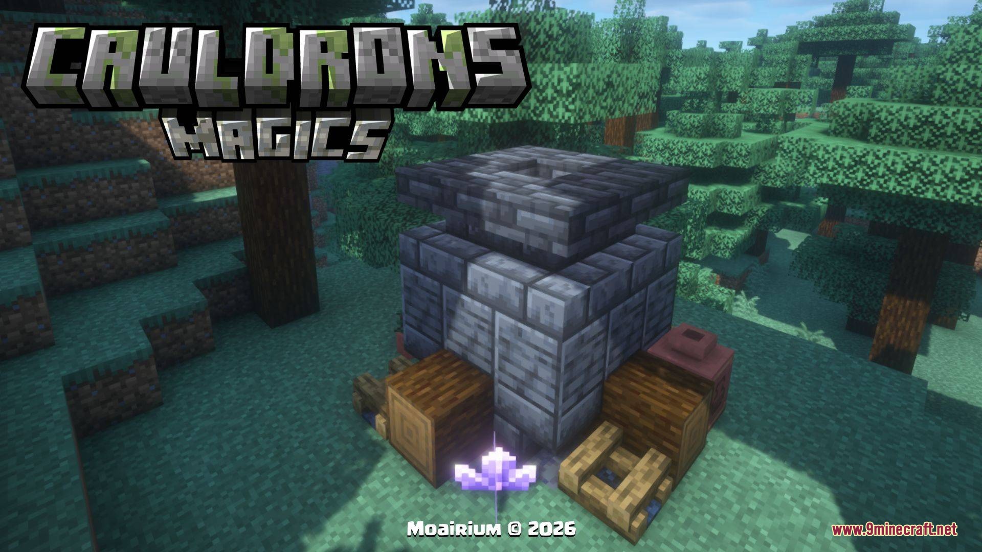 Arcane Vessel Monoliths Mod Screenshot 3 A dark stone cauldron monolith standing in a dense dark oak forest
