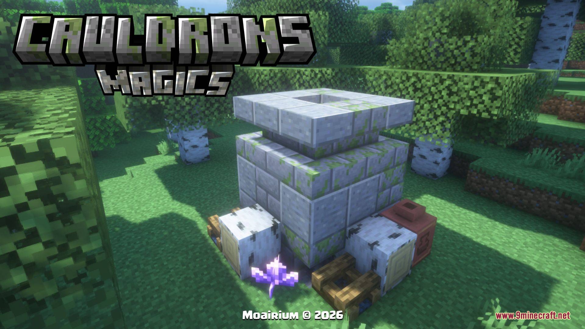 Arcane Vessel Monoliths Mod Screenshot 4 A mossy stone cauldron monolith located within a bright birch tree grove