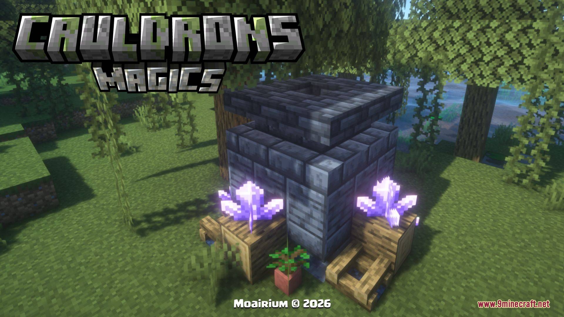 Arcane Vessel Monoliths Mod Screenshot 5 A stone cauldron structure with glowing amethyst crystals in a lush forest