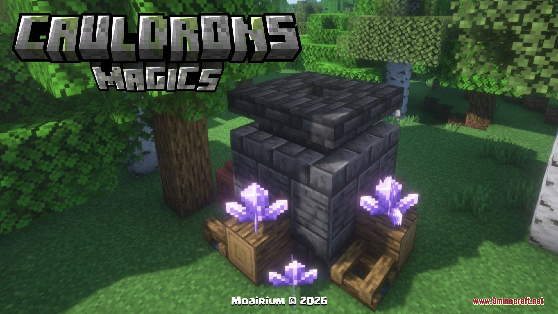 Arcane Vessel Monoliths Mod Screenshot 6 A tuff stone monolith surrounded by wood blocks and purple crystals