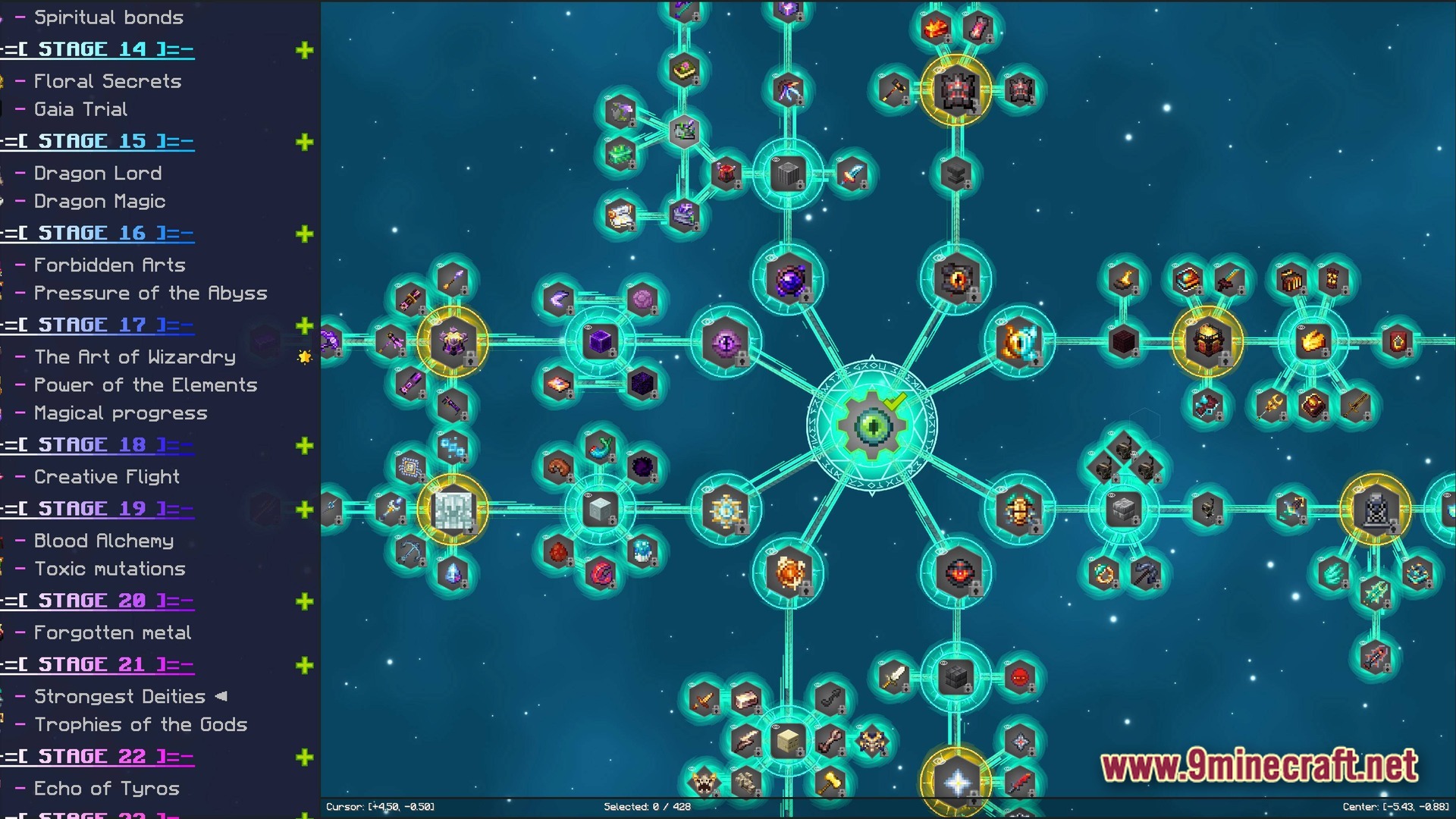 Arcanum Land Modpack Screenshot 8 A complex radial quest tree interface displaying various progression stages and magical items in Arcanum Land