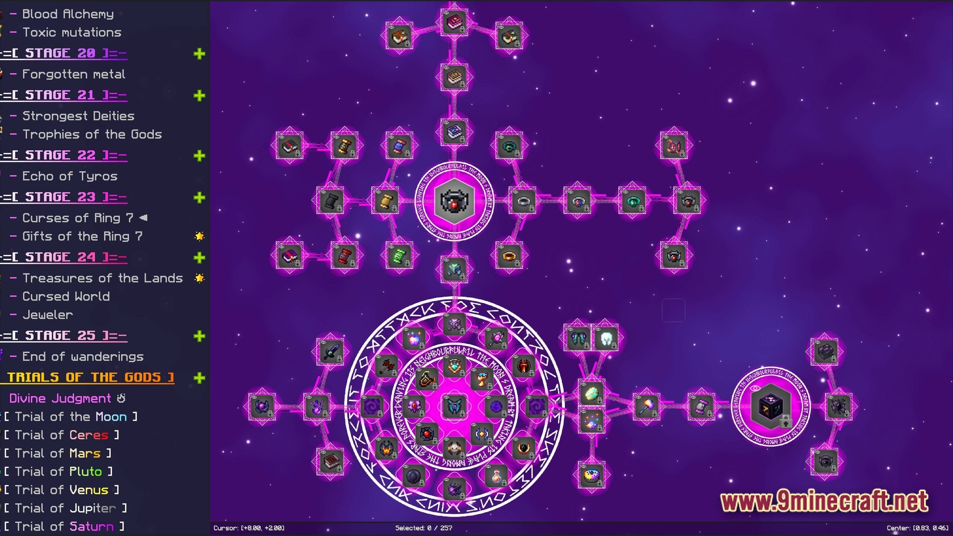 Arcanum Land Modpack Screenshot 9 A complex quest tree interface featuring magical items, runes, and progression stages against a space background