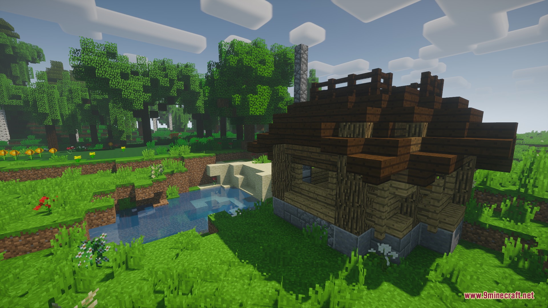 Architectural Infinite Mod Screenshot 1 Small wooden house with stone foundation next to a peaceful forest pond