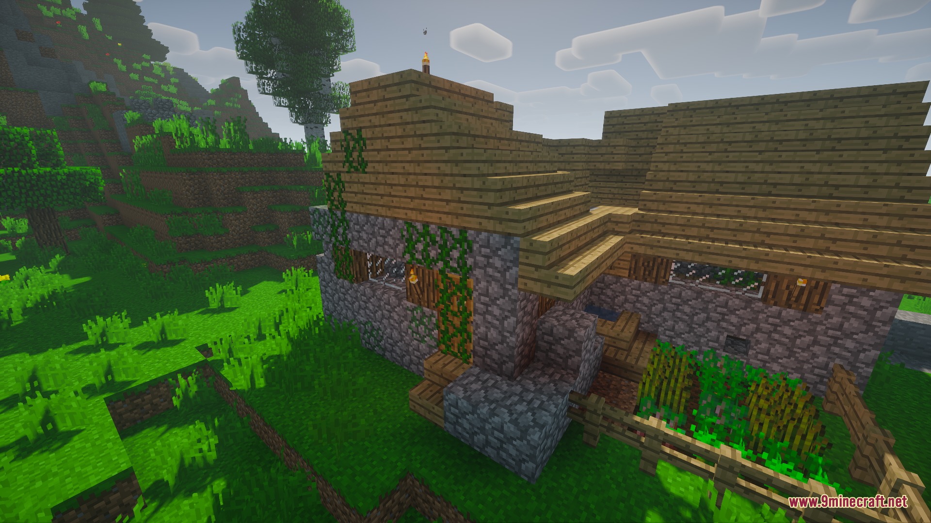 Architectural Infinite Mod Screenshot 3 A rustic cobblestone house with vines and a small garden in front