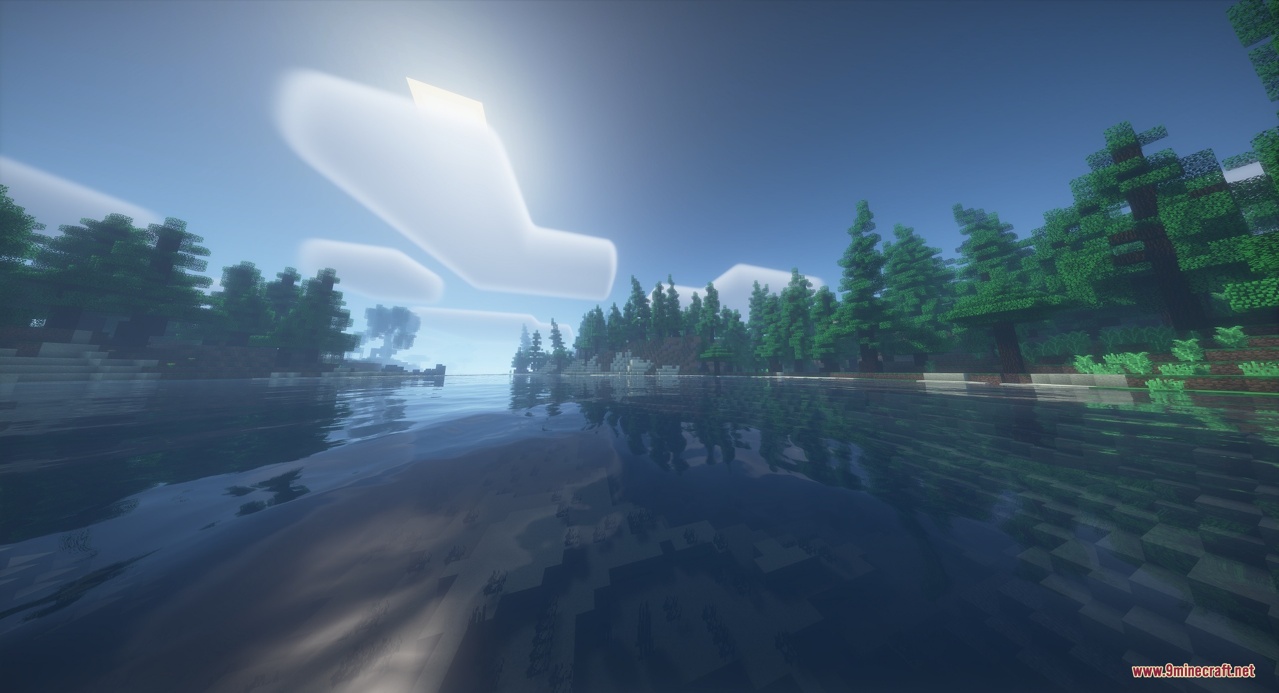 Architectural Infinite Mod Screenshot 6 Sunlight reflects off a calm lake surrounded by a lush pine forest