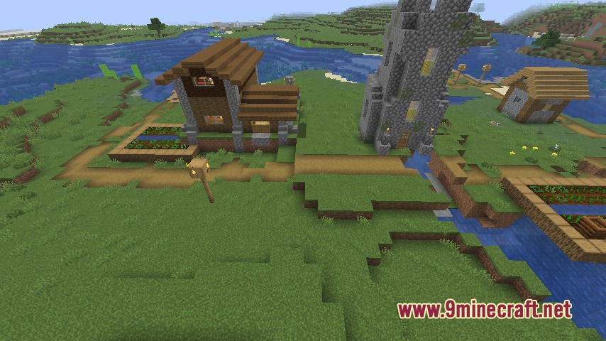 Architectural Infinite Mod Screenshot 8 A stone church and wooden houses generated in a grassy village biome