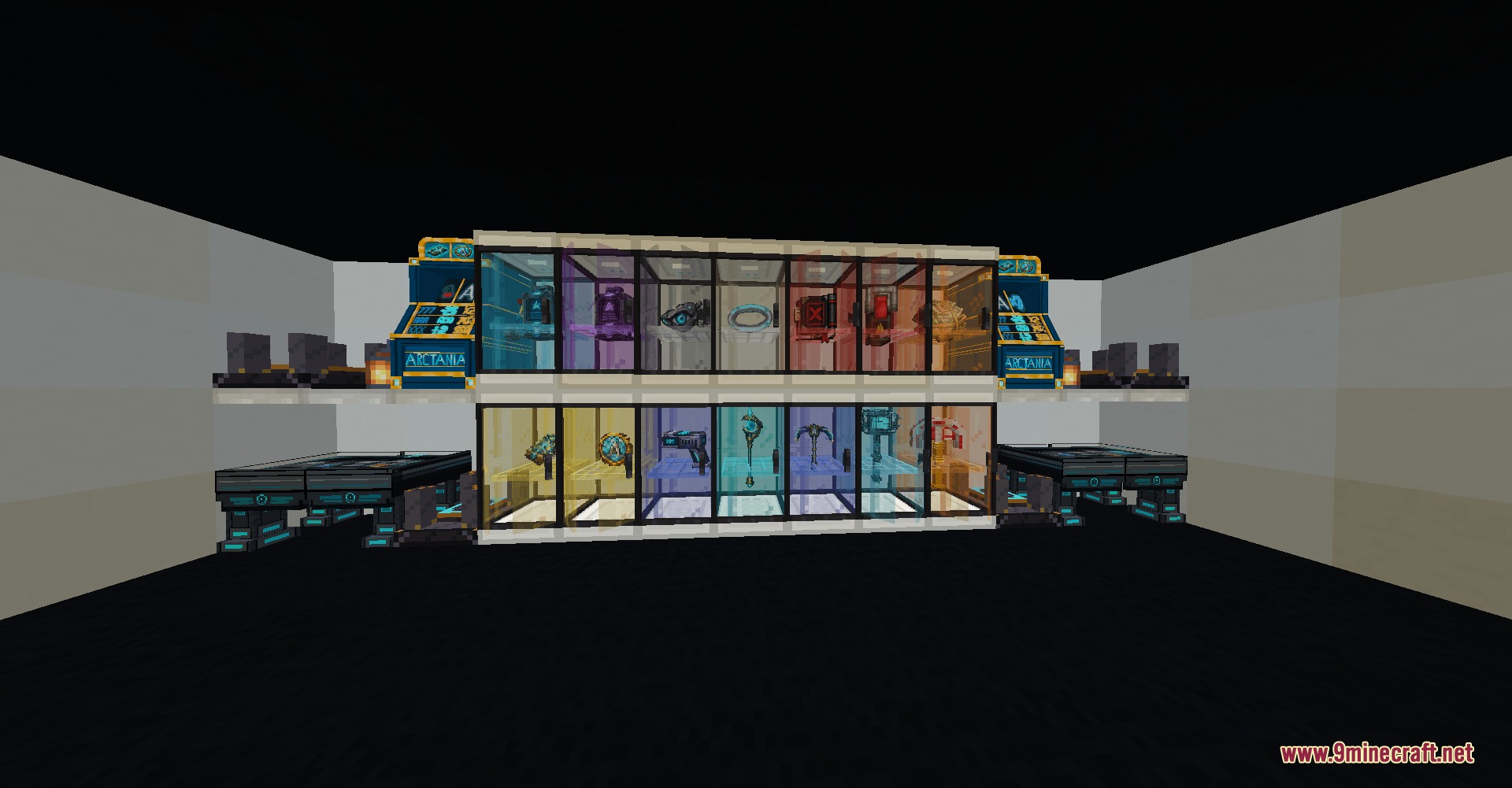 Arctania's Vault Mod Screenshot 3 A collection of futuristic weapons and machines displayed in glass cases
