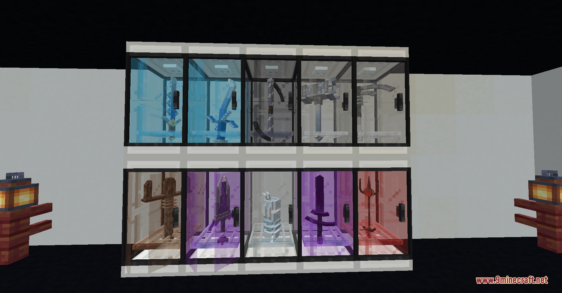 Arctania's Vault Mod Screenshot 4 Close up view of custom swords and tools inside glass display cases