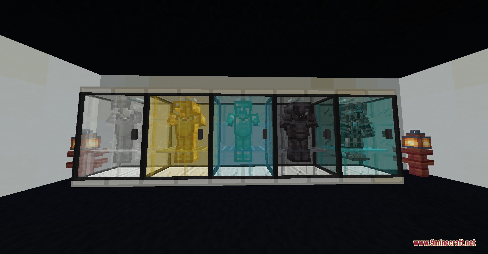 Arctania's Vault Mod Screenshot 5 Armor sets displayed inside Arctania Vault zero gravity cases in Minecraft