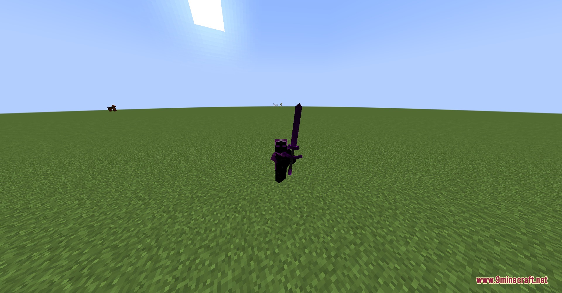 Arctania's Vault Mod Screenshot 7 A Minecraft player wearing purple armor and wielding a large custom purple sword