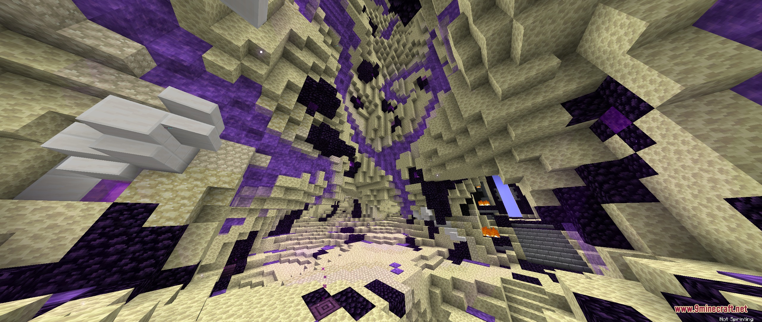 Arkudii's Detailed Hypixel Skyblock Resource Pack Screenshot 1 Bright End dimension landscape with custom End stone and purple Ender Node blocks
