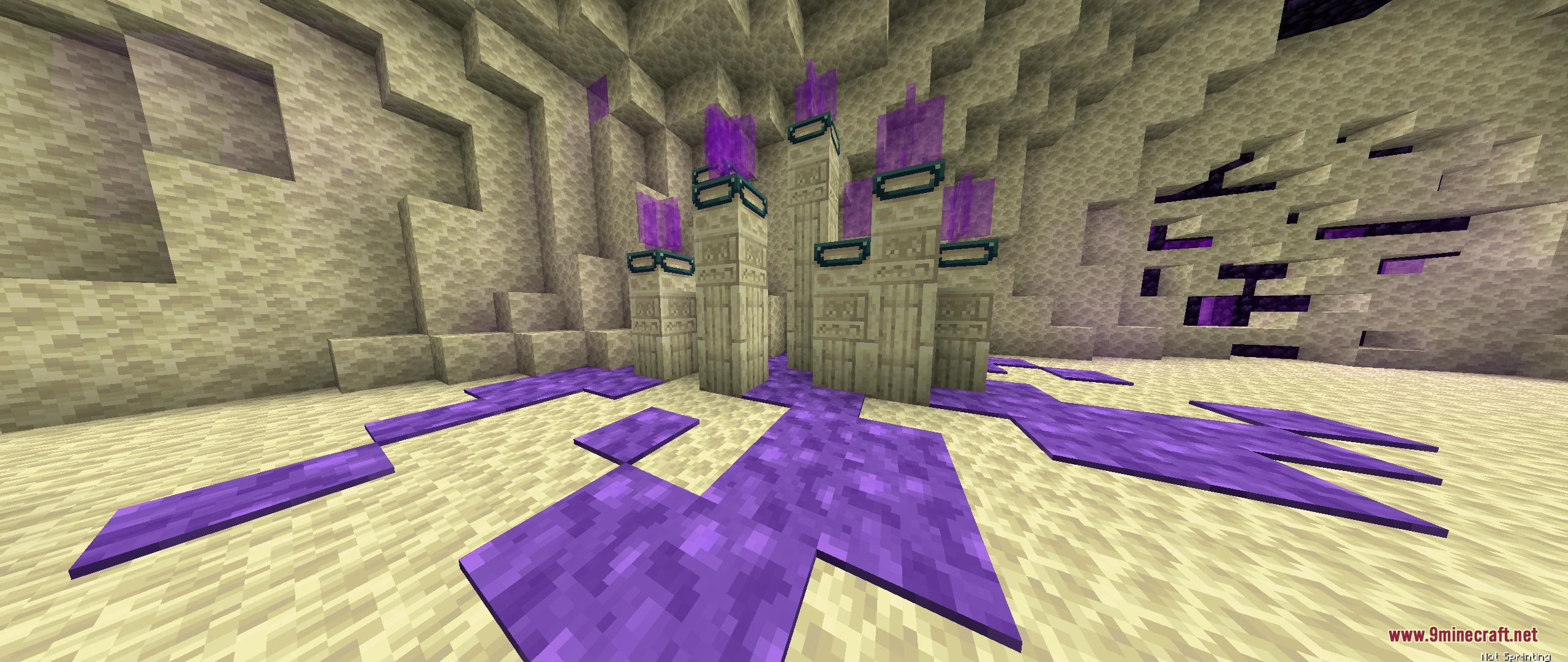 Arkudii's Detailed Hypixel Skyblock Resource Pack Screenshot 3 Custom End stone pillars with purple flames and purple Ender Nodes