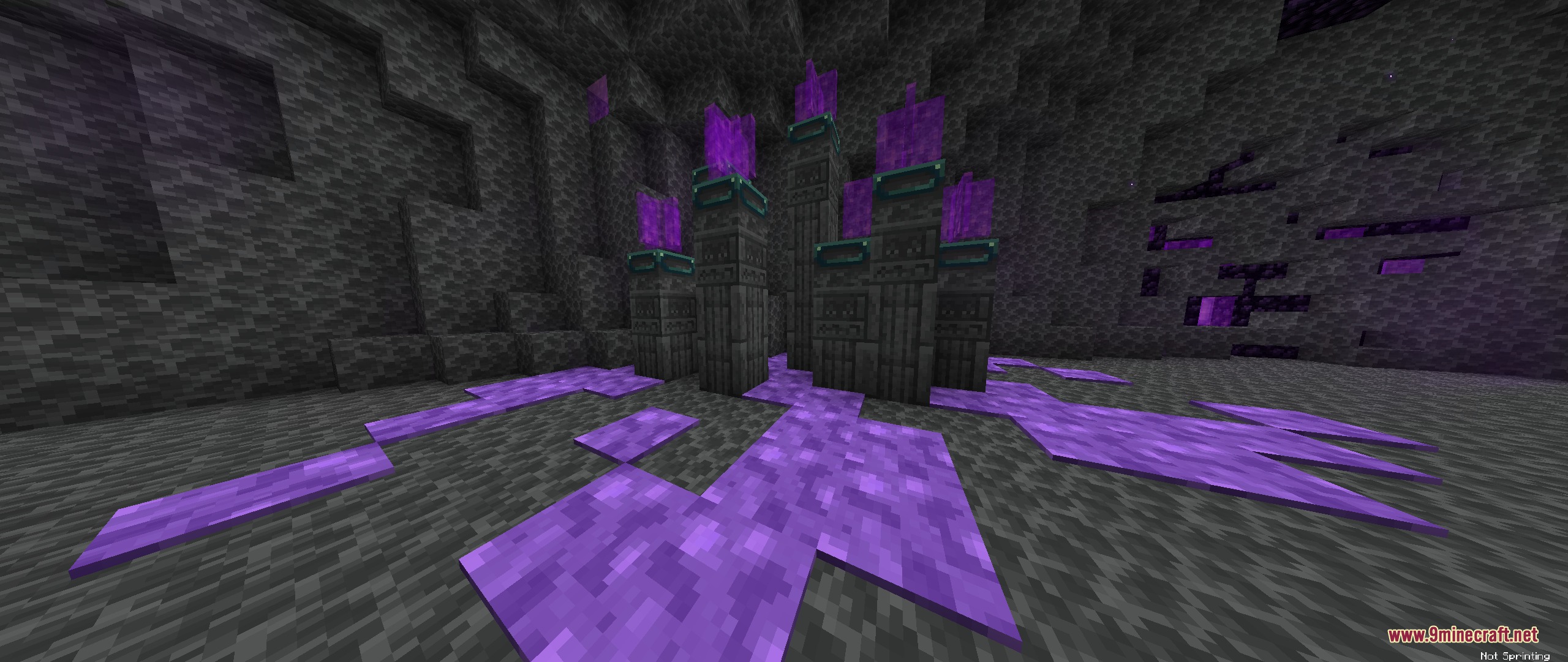 Arkudii's Detailed Hypixel Skyblock Resource Pack Screenshot 4 Dark mode End dimension featuring deepslate pillars and purple Ender Nodes