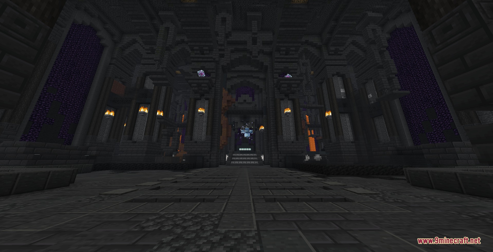 Arkudii's Detailed Hypixel Skyblock Resource Pack Screenshot 6 A massive dark dungeon hall built with custom dark stone bricks and torches