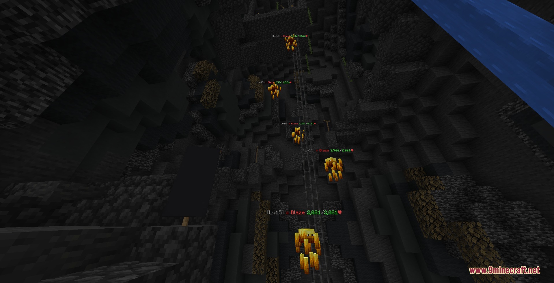 Arkudii's Detailed Hypixel Skyblock Resource Pack Screenshot 7 Multiple Blaze mobs with health bars floating in a dark underground mine